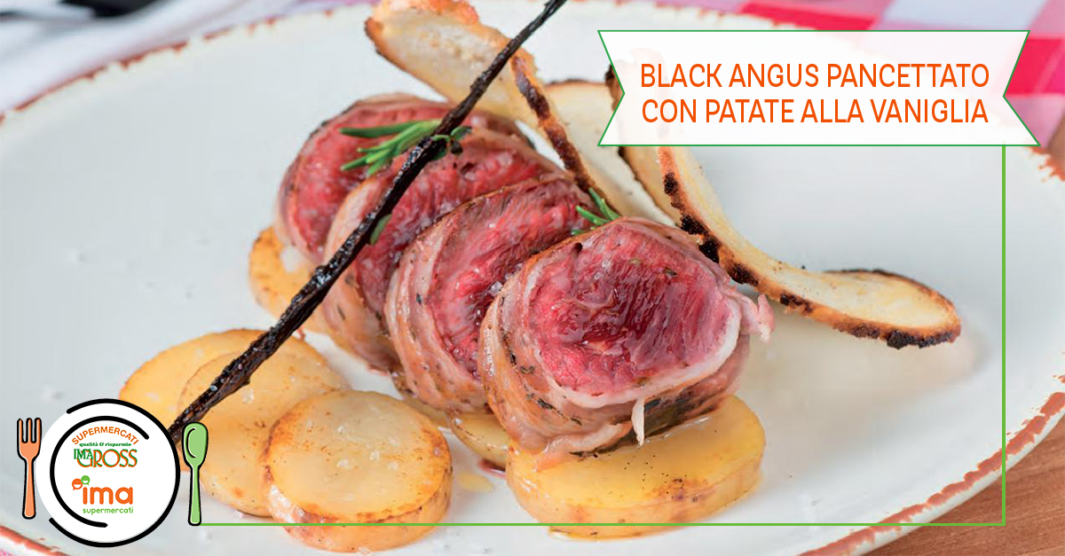 Black angus pancettato con patate alla vaniglia e sfoglie di pane essiccato