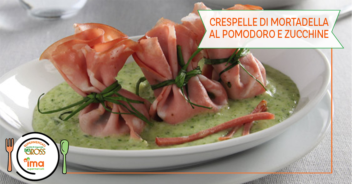 Crespelle di mortadella al pomodoro su vellutata di zucchine